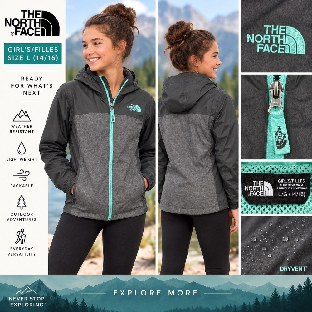 THE NORTH FACE Girls L 14/16 DryVent Hooded Rain Jacket Gray Aqua Full Zip #1891
